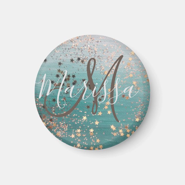 Imán Estrellas de oro monograma en Verde azulado (Frente)