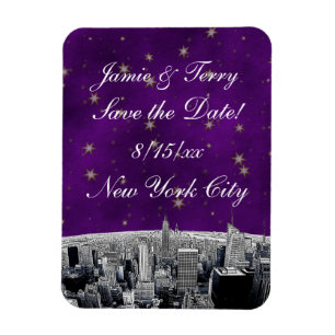 Imán Etch NYC Skyline 2 Purple Gold Star Save Date