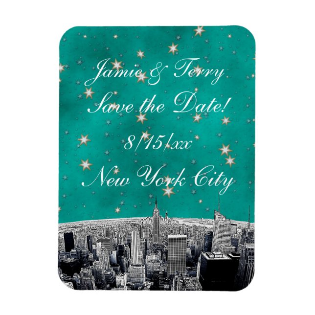Imán Etched NYC Silueta 2 Turquesa Estrella Dorada Save (Vertical)