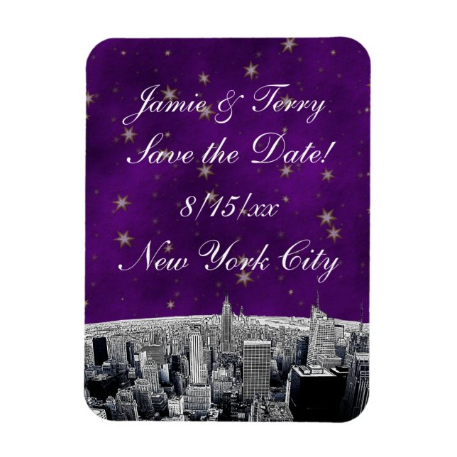 Imán Etched NYC Skyline 2 Purple Gold Star Save Date (Vertical)