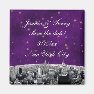 Imán Etched NYC Skyline 2 Purple Gold Star Save Date