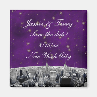 Imán Etched NYC Skyline 2 Purple Gold Star Save Date