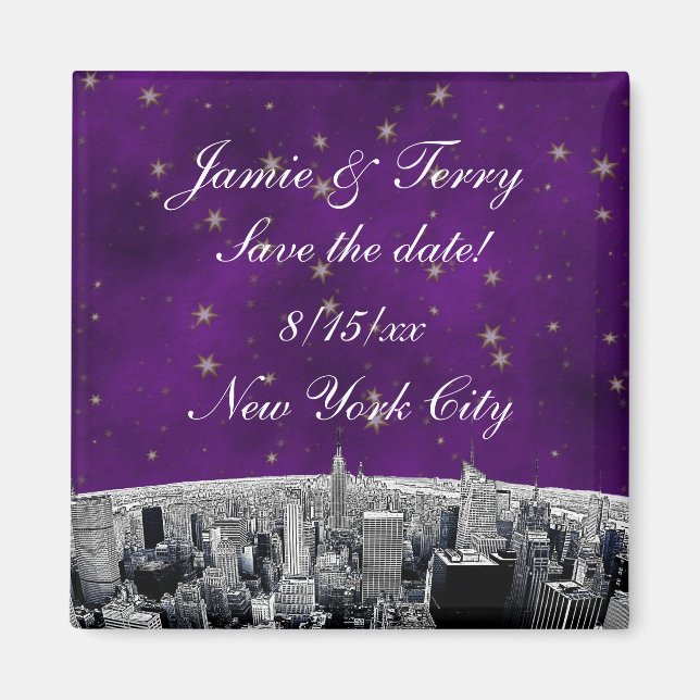 Imán Etched NYC Skyline 2 Purple Gold Star Save Date (Frente)