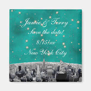 Imán Etched NYC Skyline 2 Teal Gold Star Guardar Fecha