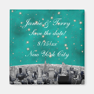 Imán Etched NYC Skyline 2 Teal Gold Star Guardar Fecha