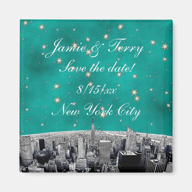 Imán Etched NYC Skyline 2 Teal Gold Star Guardar Fecha (Frente)