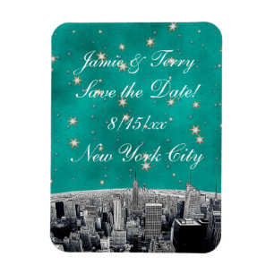 Imán Etched NYC Skyline 2 Verde azulada Gold Star Save