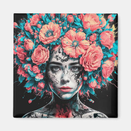 Imán Ethereal Blossoms: Surreal Portrait in Ink and Wat