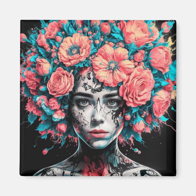 Imán Ethereal Blossoms: Surreal Portrait in Ink and Wat (Frente)