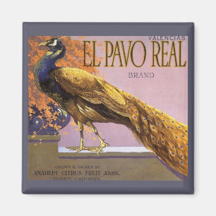 Imán Etiqueta de caja de fruta antigua Art El Pavo Peac