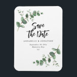 Imán Eucalyptus elegante boda moderna, salva la fecha<br><div class="desc">El follaje Eucalyptus Greenery moderno minimalista elegante fiesta de jardín contemporáneo Wedding salva la postal de fecha. Diseño botánico contemporáneo sencillo. Sage green,  azul marino,  negro y blanco elegantes trajes de colores modernos primavera,  otoño de verano,  otoño y boda blanco.</div>
