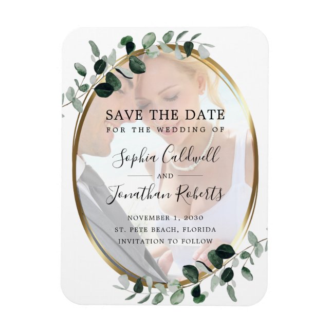 Imán Eucalyptus Gold Photo Wedding Save the Date (Vertical)