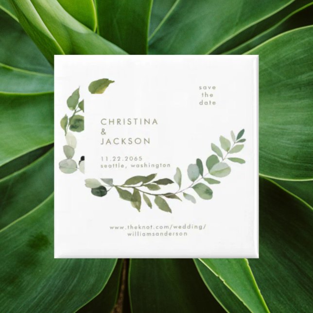 Imán Eucalyptus Wedding Square Save the Date Texto Dora (Subido por el creador)