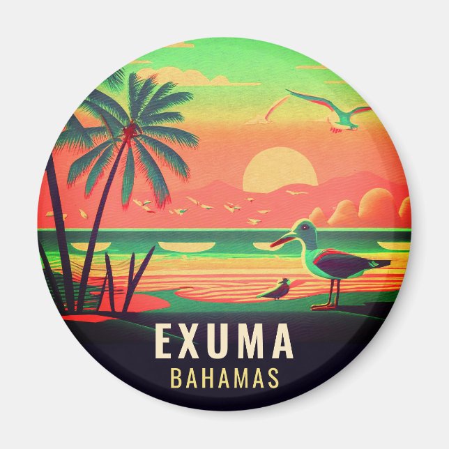 Imán Exuma Bahamas Retro Sunset Seagull Souvenir de los (Frente)