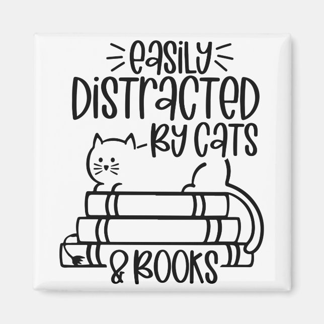 Imán Fácilmente distraído por gatos y libros Cat Funny  (Frente)