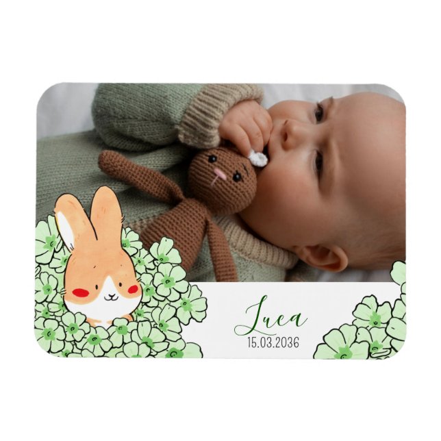 Imán Faire-part naissance magnet Lapin et fleurs (Horizontal)