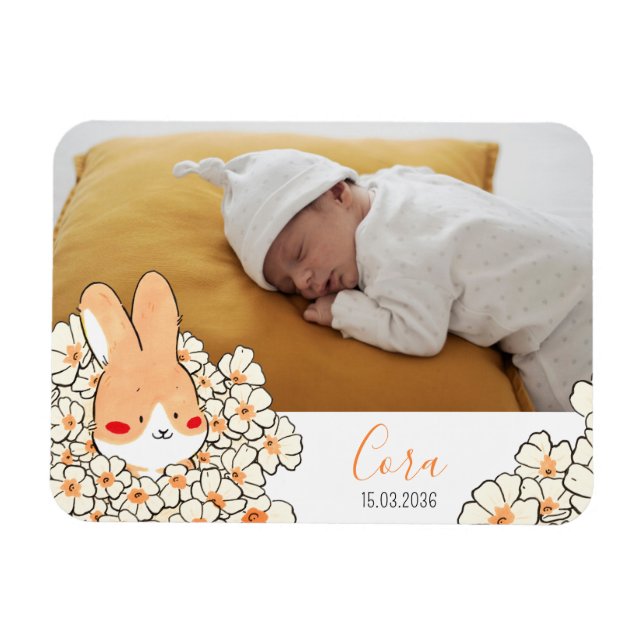 Imán Faire-part naissance magnet Lapin et fleurs (Horizontal)