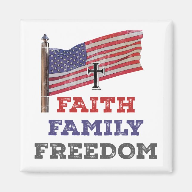 Imán Faith Family Freedom Cross con bandera (Frente)