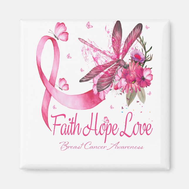 Imán Faith Hope Love Dragonfly Ribbon Cáncer de Mama (Frente)