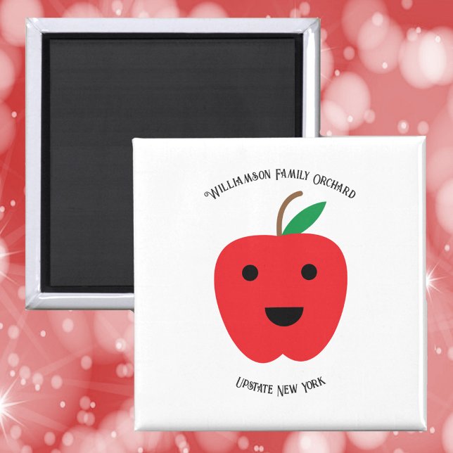 Imán Familia Apple Orchard Cute Personalizada (A magnet with a cute red apple with a smile and text you can personalize!)