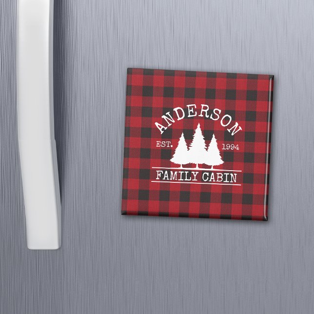 Imán Familia Cabina Nombre Red Buffalo Plaid Square (Customize to change text size or text style.)
