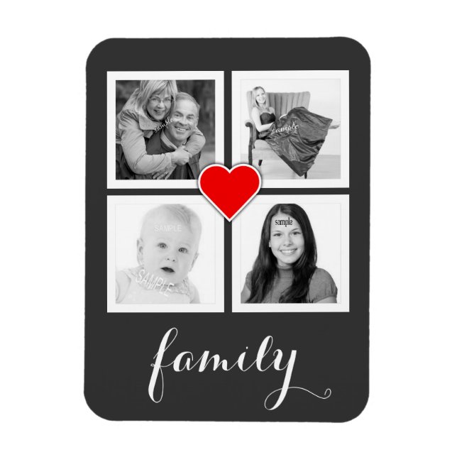 Imán Familia con cuatro fotos y corazón (Vertical)