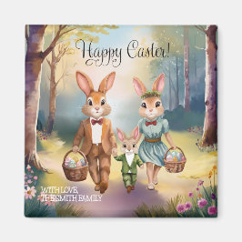 Imán Familia conejo de Pascua persiguiendo huevos - acu