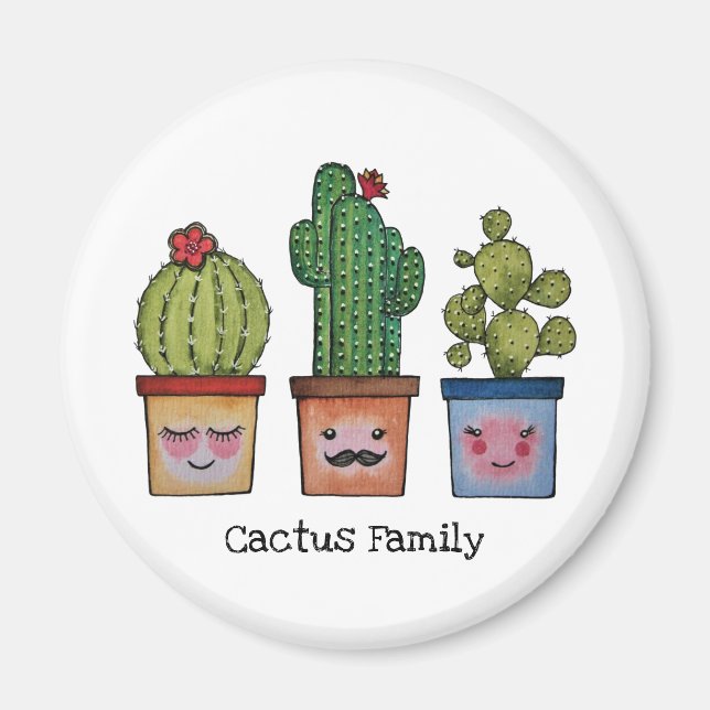 Imán Familia Cute Cactus En Acuarela (Frente)