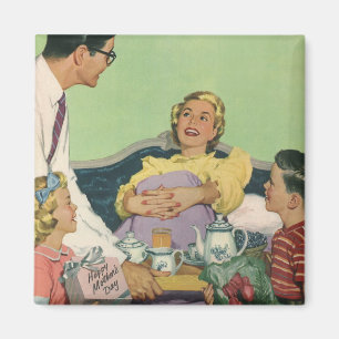 Imán Familia Retro Sirve Desayuno a Mamá en la Cama