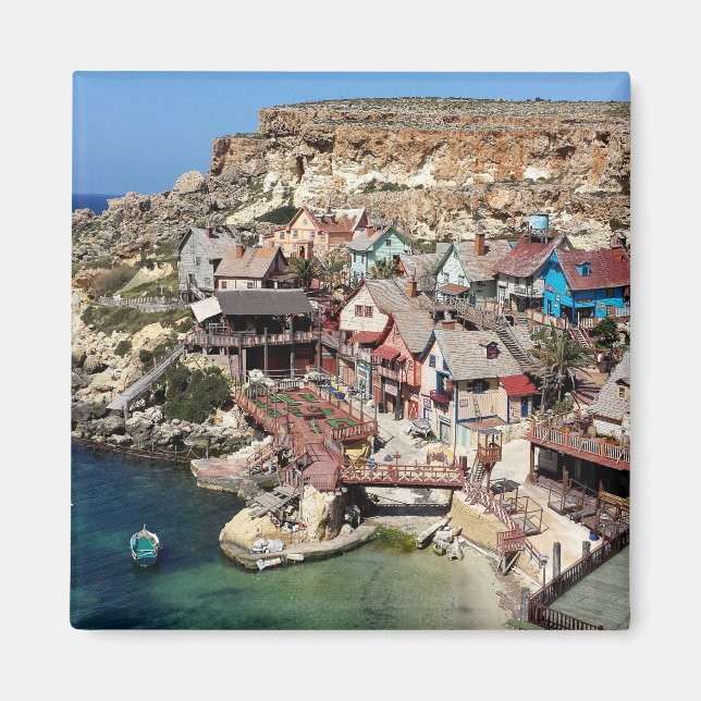 Imán Famoso pueblo de Popeye con casas coloridas, Malta (Frente)