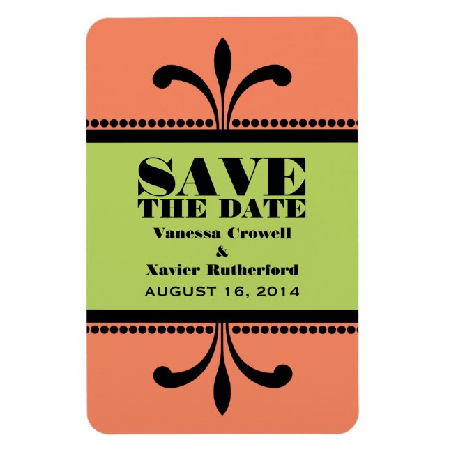 Imán Fancy Art Deco Save the Date Magnet Naranja/Green (Vertical)