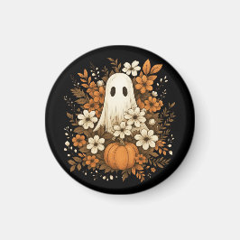 Imán Fantasma Adorable Con Calabaza Y Flores De Otoño –