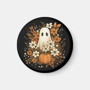 Imán Fantasma Adorable Con Calabaza Y Flores De Otoño –