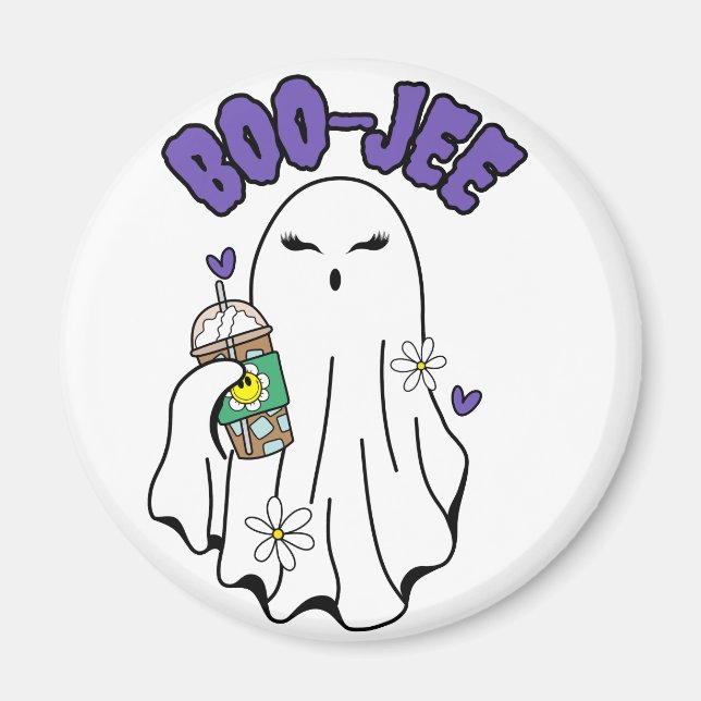 Imán Fantasma de halloween Boo-Jee Cute con café helado (Frente)