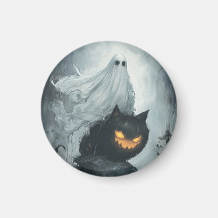 Imán Fantasma de Halloween montando un gato negro
