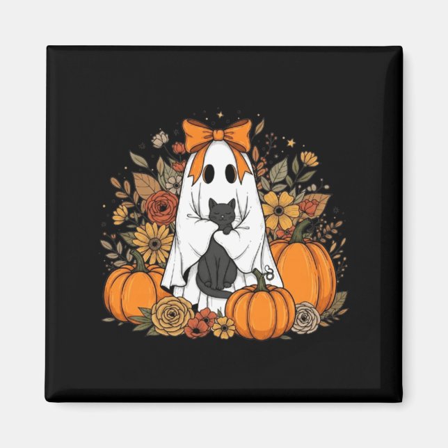 Imán Fantasma de Halloween sosteniendo gato negro flora (Frente)