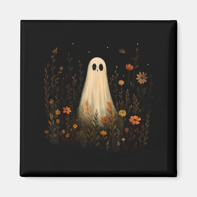 Imán Fantasma en un prado de flores Diseño de Halloween (Frente)
