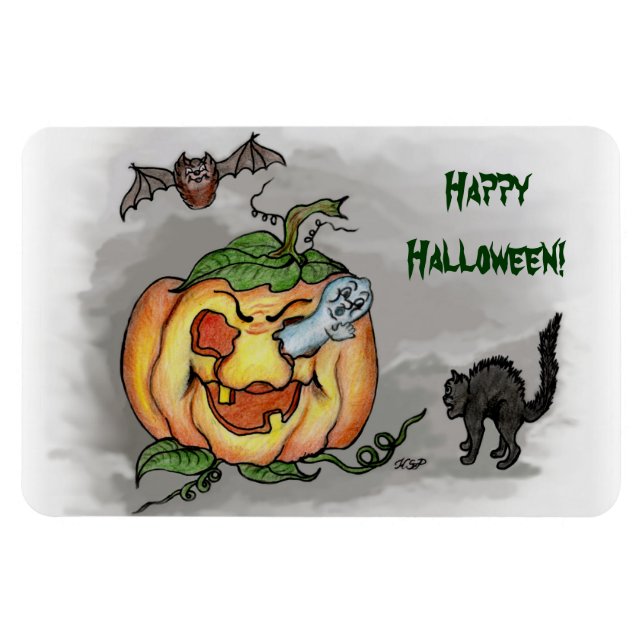 Imán fantasma, murciélago y gato, ¡Feliz Halloween! (Horizontal)