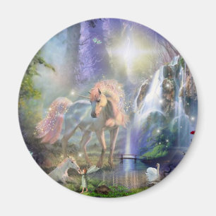 Imán Fantasy Mother Unicorn and Baby in a Fairy Garden