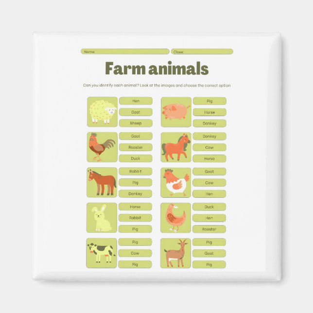 Imán Farm Animals Identification Educational Worksheet (Frente)