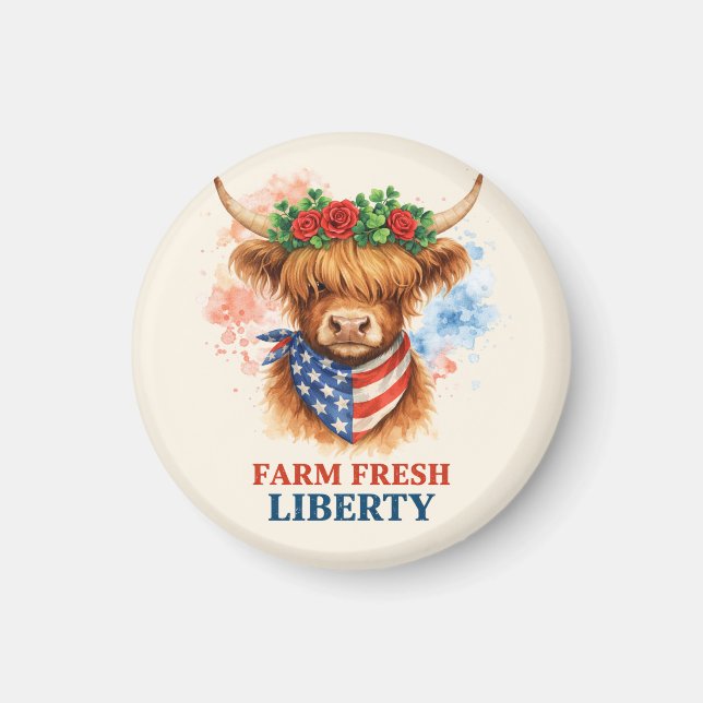 Imán Farm Fresh Liberty Highland Cow Patriotic USA Art (Frente)