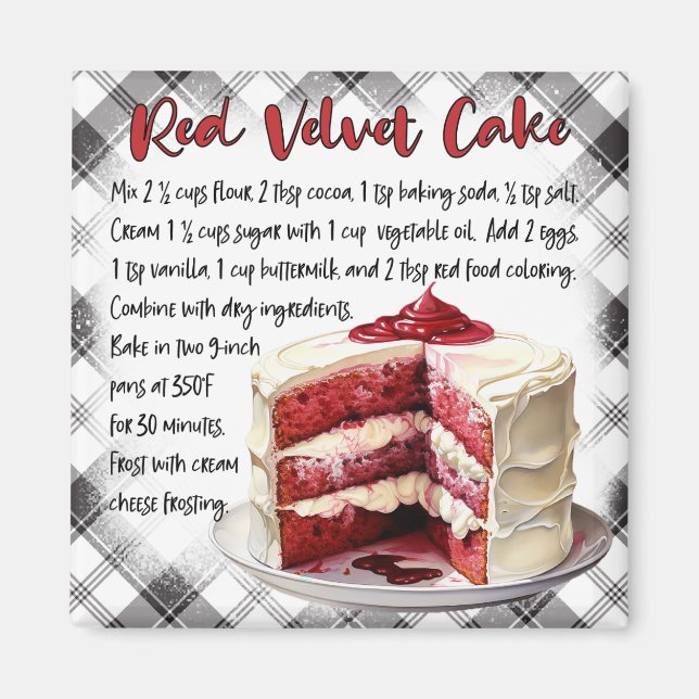Imán Farmhouse Red Velvet Cake Recipe Black White Plaid (Frente)