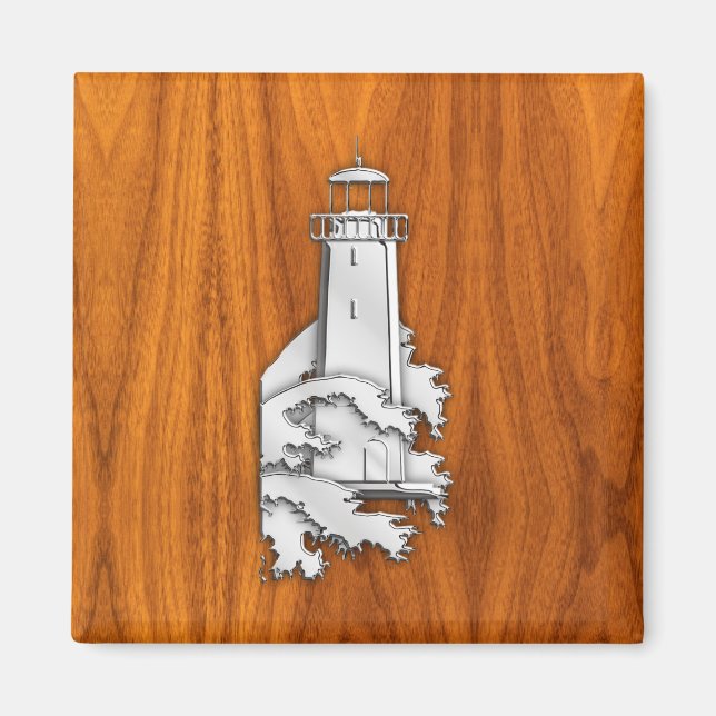 Imán Faro de estilo cromado en madera de teca (Frente)