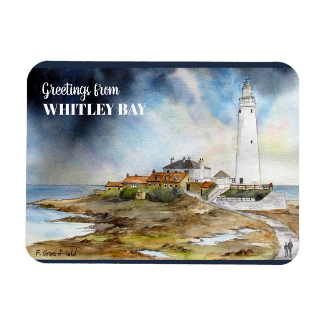 Imán Faro de Santa María en la acuarela de Whitley Bay (Horizontal)
