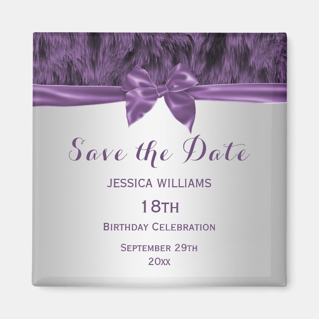Imán Faux Fur & Purple Bow Cumpleaños Save The Date (Frente)