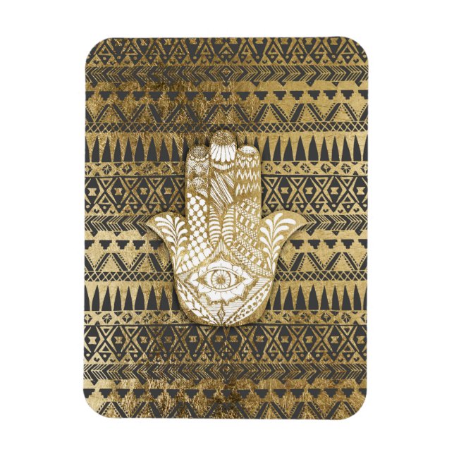 Imán Faux Print Gold Hamsa Hand and and Tribal Aztec (Vertical)