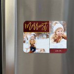 Imán Faux Relieve metalizado dorado Merriest 2 festivid<br><div class="desc">imanes de fotos de vacaciones impresos por personalizados con plantillas simples para la personalización. Este elegante diseño cuenta con 2 diseños de collage de fotos en un fondo de color burdeos. El texto de la escritura caligráfica moderna dice Merriest en Relieve metalizado de oro falso. Personalízalo con sus propias imágenes...</div>