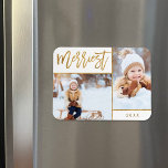 Imán Faux Relieve metalizado dorado Merriest 2 festivid<br><div class="desc">imanes de fotos de vacaciones impresos por personalizados con plantillas simples para la personalización. Este elegante diseño presenta un diseño de 2 collage de fotos en un fondo blanco. El texto de la escritura caligráfica moderna dice Merriest en Relieve metalizado de oro falso. Personalízalo con sus propias imágenes y añada...</div>