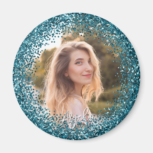 Imán Faux Teal Glitter Photo (Frente)