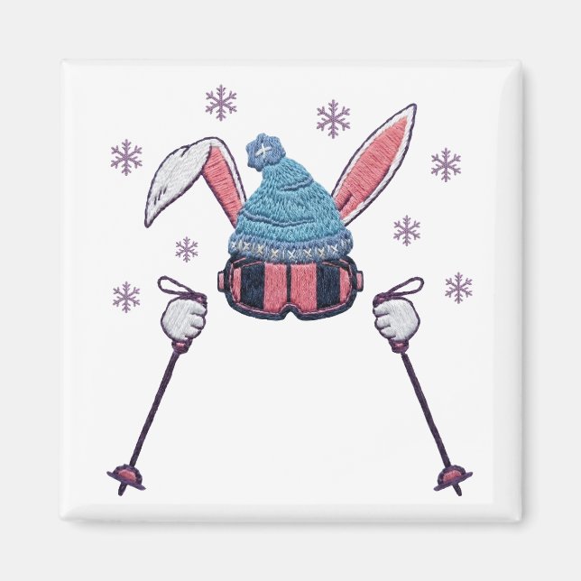 Imán Faux yarn skiing rabbit winter humor (Frente)
